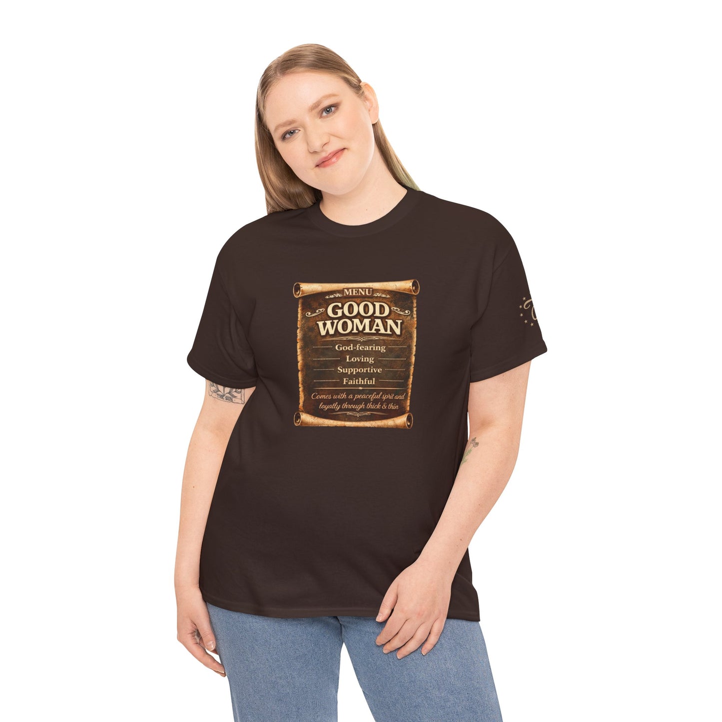 T-Shirt — 'Good Woman' Inspirational Scroll Design