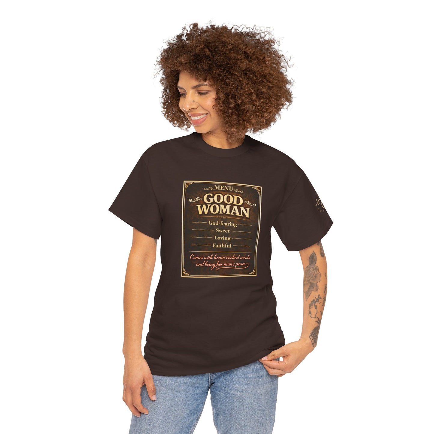 Good Woman Definition Tee — Vintage Plaque Graphic Women's Tee
