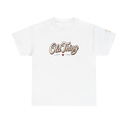 T-Shirt — "Old Thing" Retro Script Tee (We Are Spinning the Block)