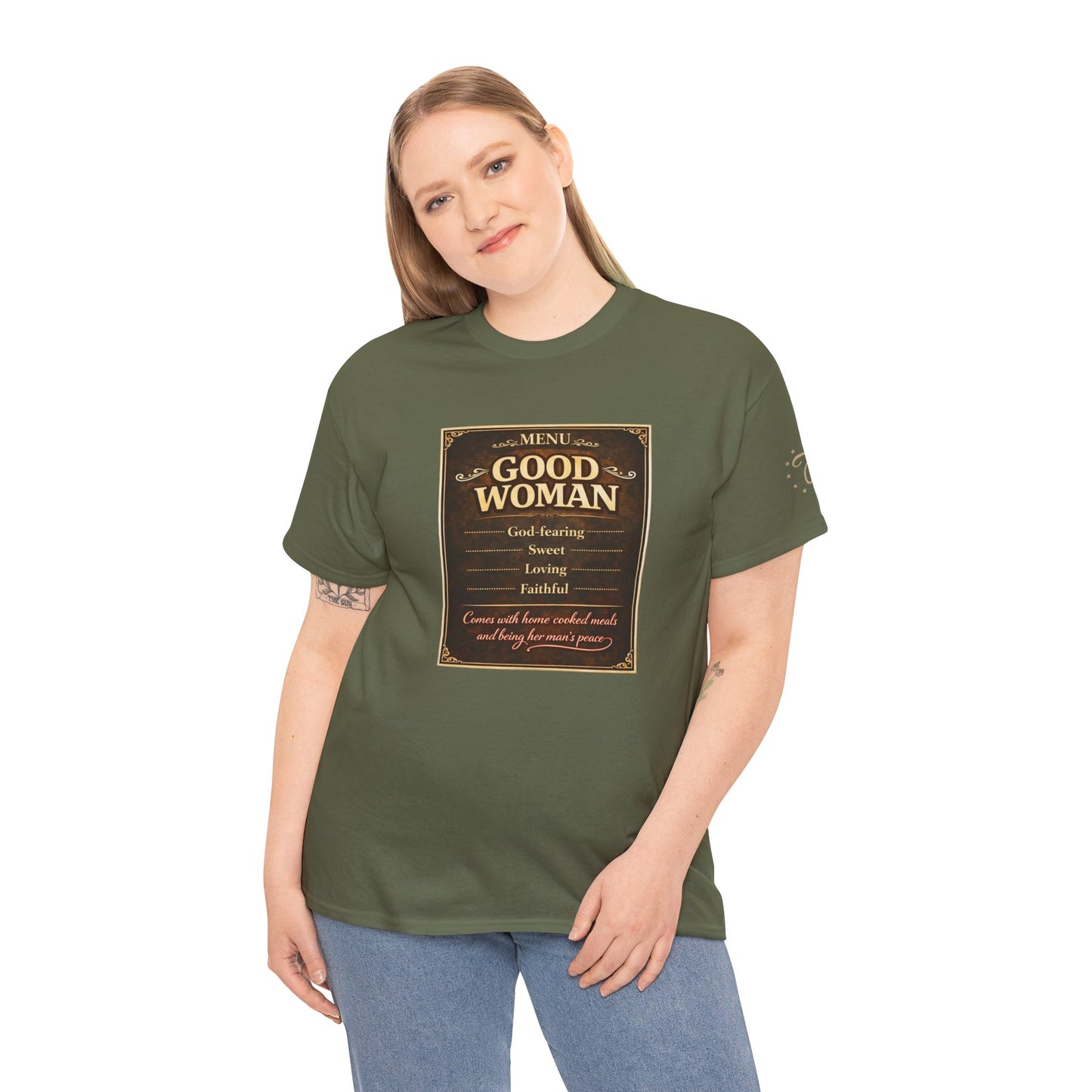 Good Woman Definition Tee — Vintage Plaque Graphic Women's Tee