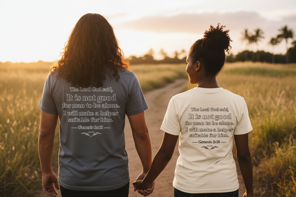 Couple holding hands showing Genesis 2:18 verse on back of soulmate tees