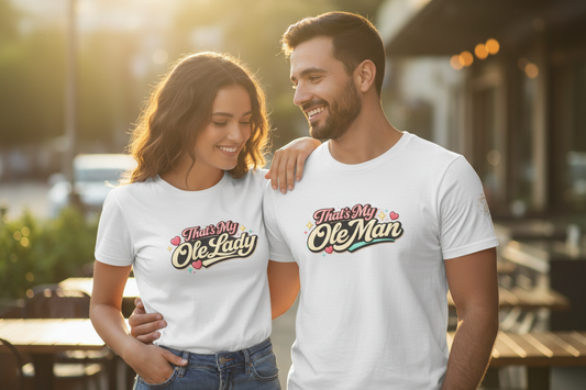 Couple wearing matching shirts with your designs