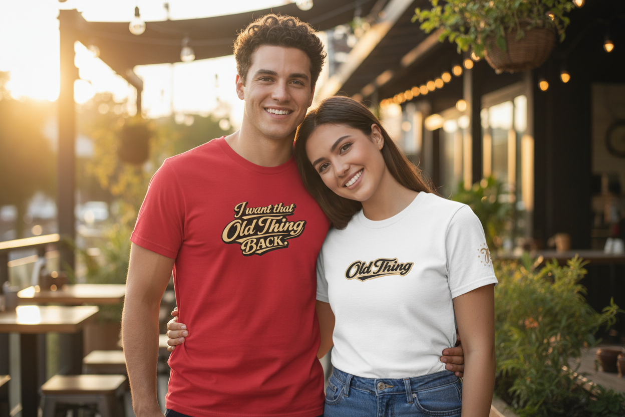 Couple wearing shirts - front view with correct designs