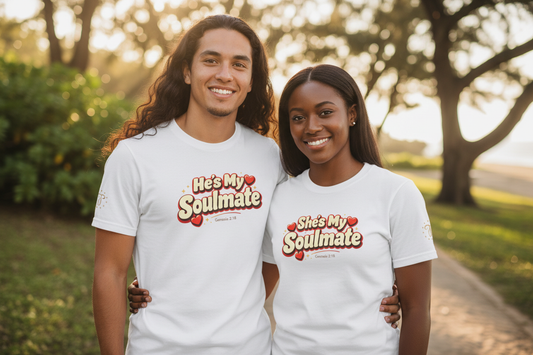 Hawaiian man with long hair and Black woman wearing He's My Soulmate and She's My Soulmate tees - front view